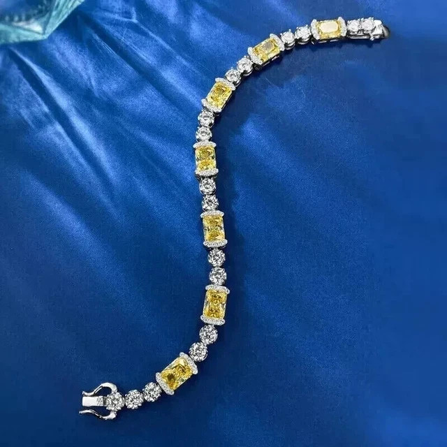 21ct Emerald Sim Canary Yellow Citrine Tennis link Bracelet White Gold Plated