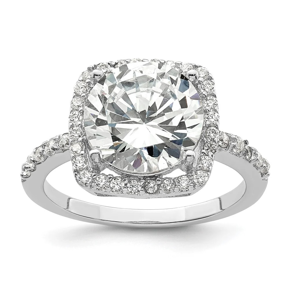 Sterling Silver Rhodium-Plated Polished CZ Square Halo Ring