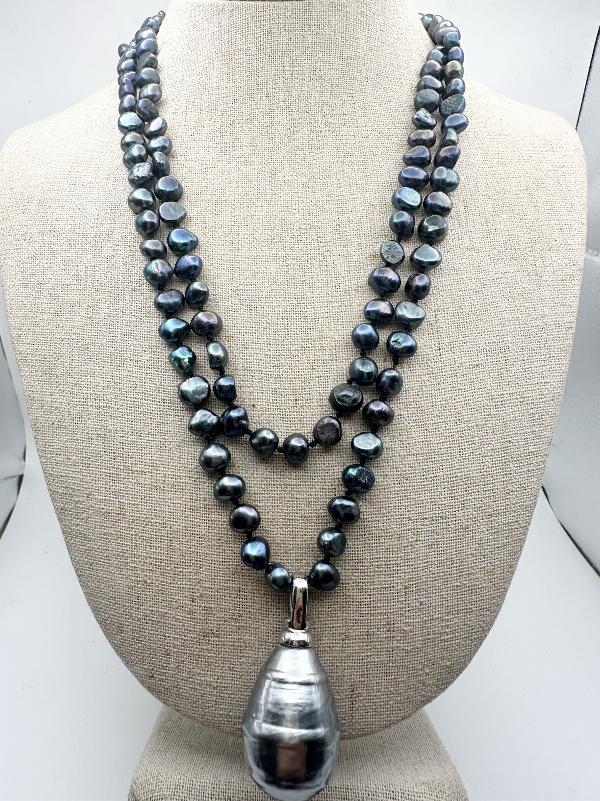 Cultured Freshwater Pearl Hand Knotted With Huge Faux Pearl Pendant 42”