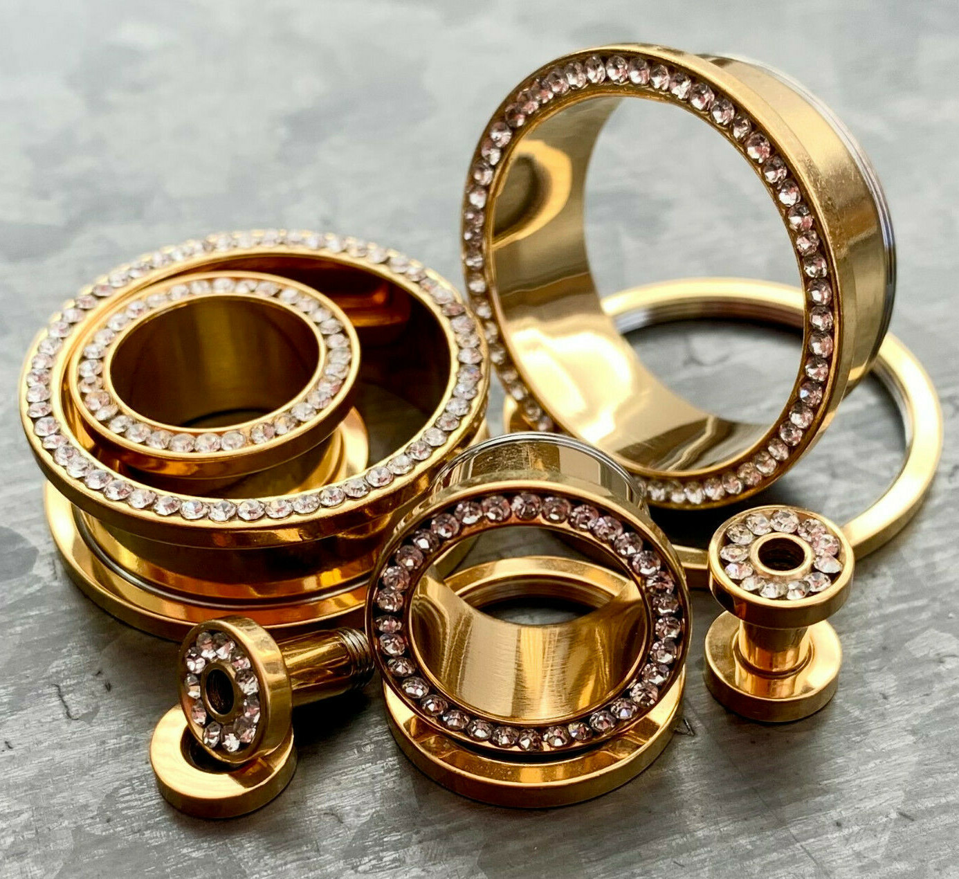 PAIR Gem Rimmed Gold PVD Plated Tunnels Plugs Earlets Gauges