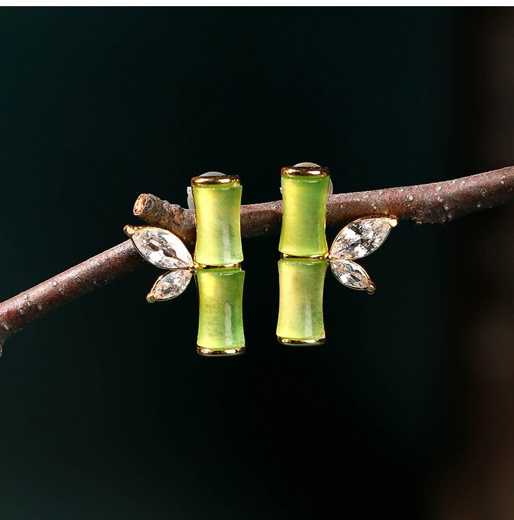 Jade Crystal Stud Earrings Bohemian Minimalist Bamboo 18K Gold Plated Gemstone