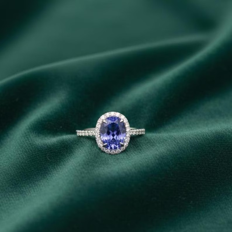 2CT Oval Natural Tanzanite & Diamond Halo Engagement Gift Wedding Ring 14k Gold