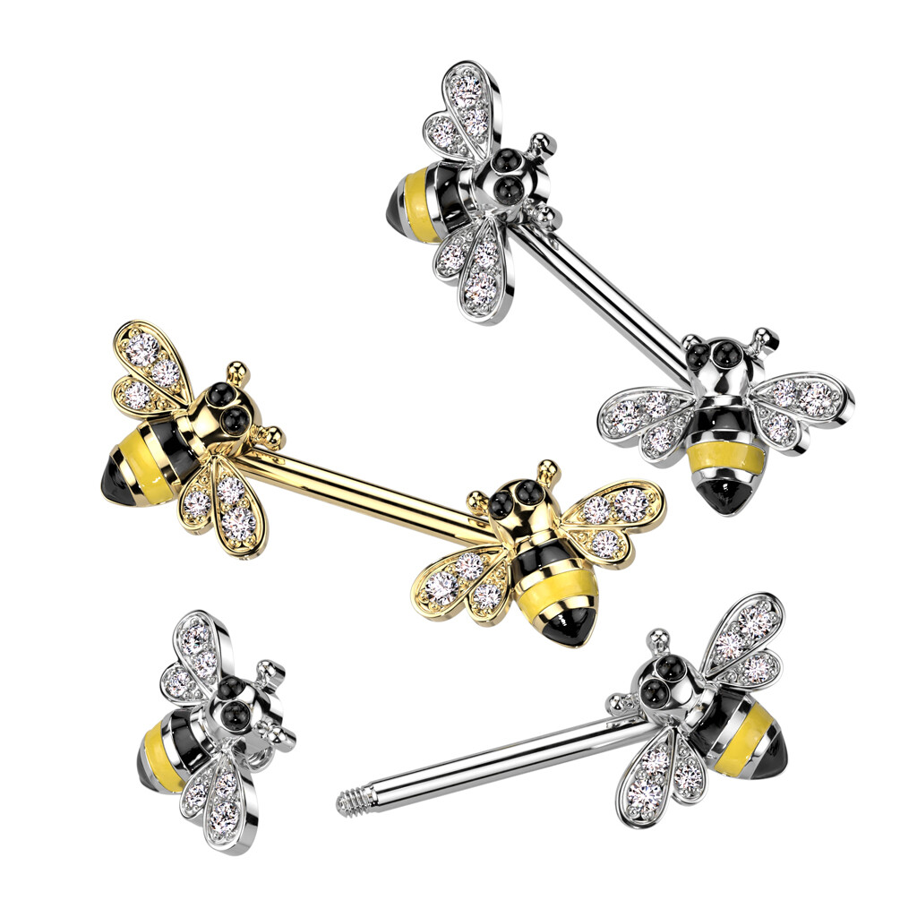Nipple Ring Straight Barbell With CZ Bee Ends 14G Surgical Steel Sold as a Pair