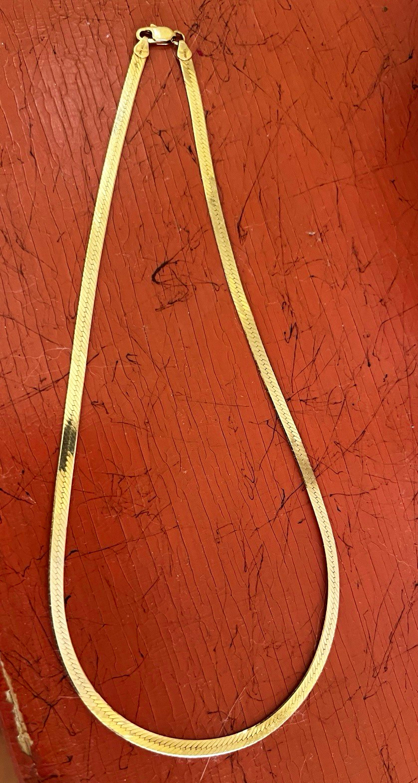 14k Herringbone Chain 18” 4mm Necklace, Stamped MOM & Israel. Weight 12gm.