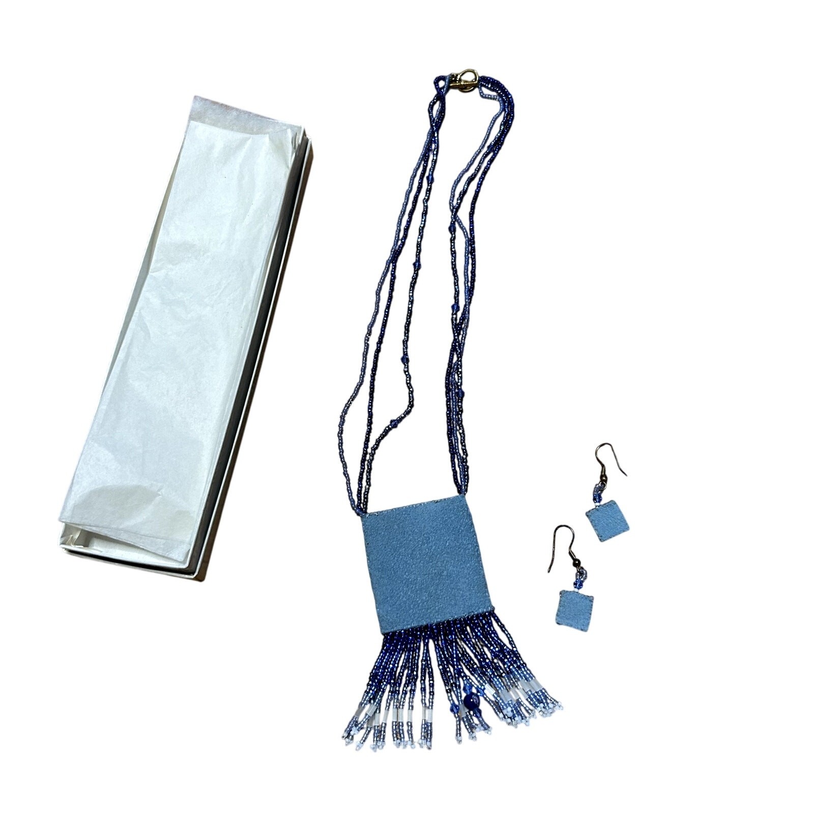 American Vintage Hand Beaded Necklace and Earrings Set Blue Ombre