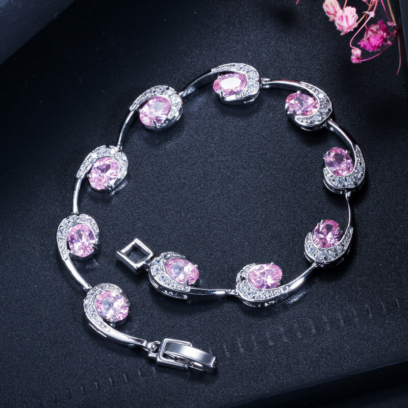 Silver Plated Multicolor Cubic Zircon Oval Charms Bracelet Fine Jewelry for Lady