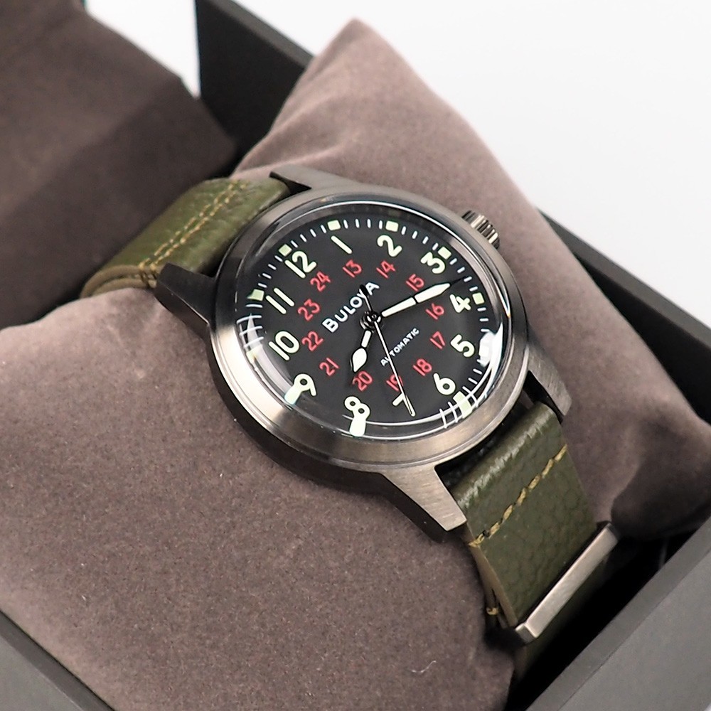 Men’s Bulova Military Hack Black Dial Green Leather Strap Automatic Watch 98A255