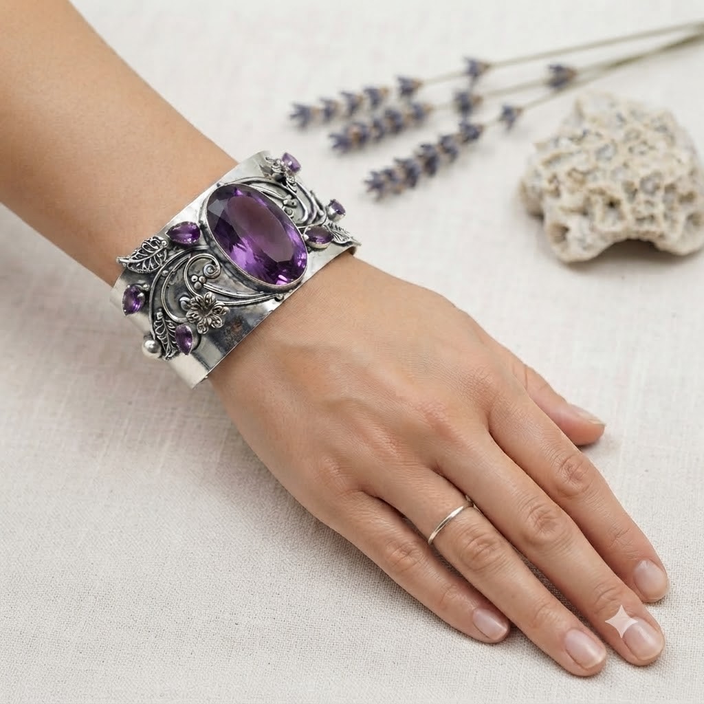 Purple Amethyst Gemstone Cuff Bracelet 925 Sterling Silver Handmade Jewelry ADJ