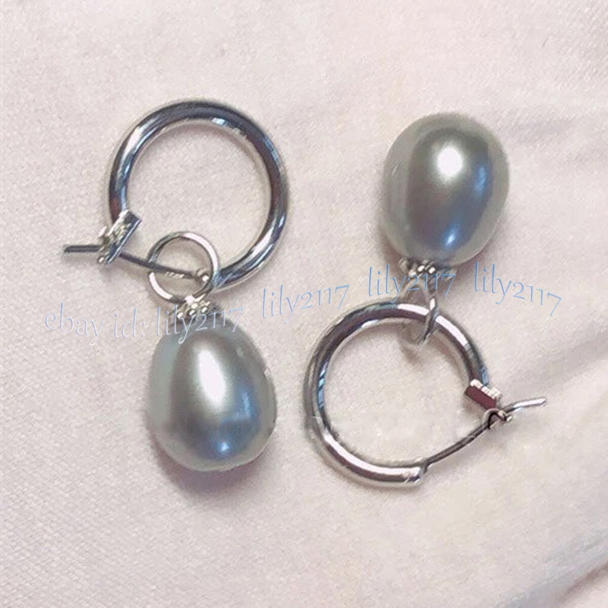 AAA 9-10mm Genuine Natural Gray South Sea Pearl Dangle Earrings 14K White Gold