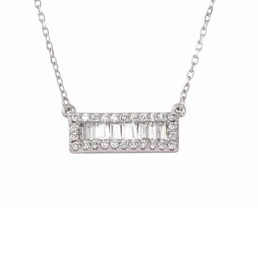 Sterling Silver Necklace w/ Round & Baguette Cut CZ Stones Rectangle Bar Pendant