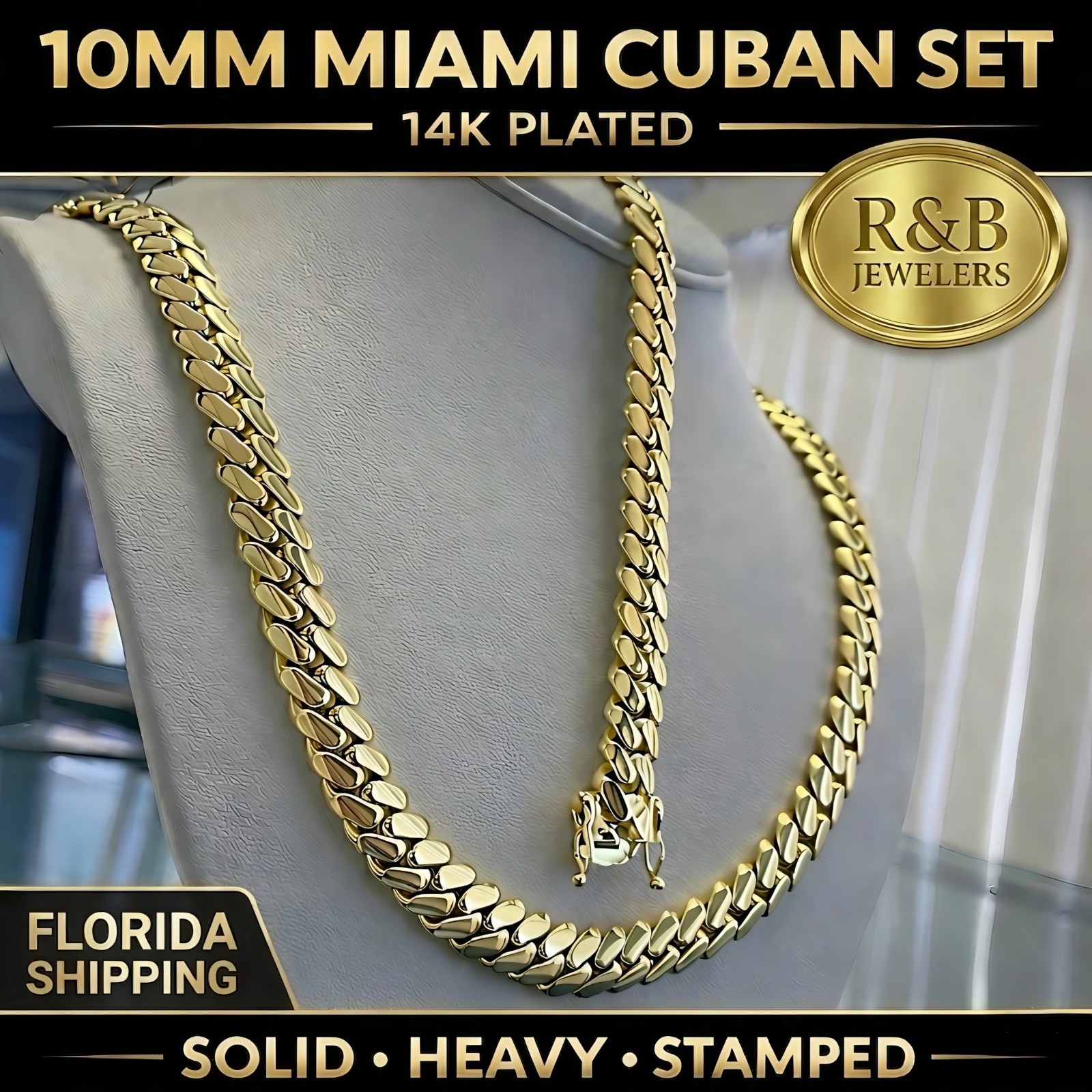 Miami Cuban Link SET Chain Necklace Bracelet 14k Gold Plated 10mm SOLID Box Lock