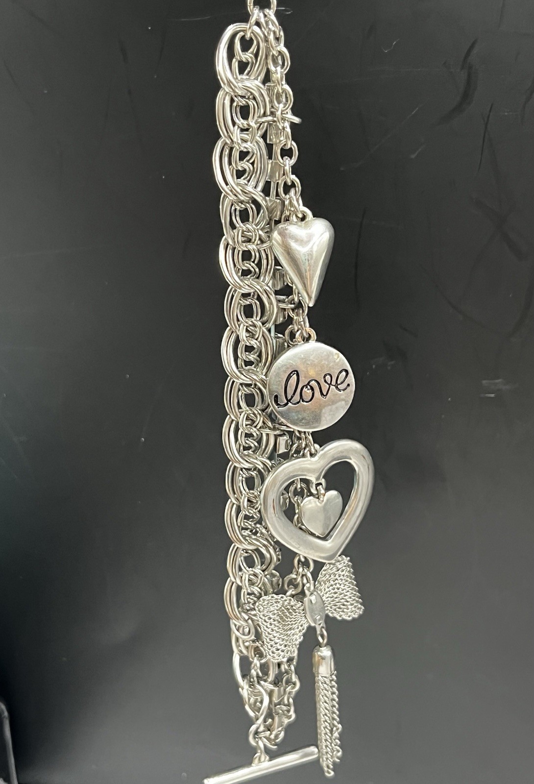 SILVER TONE GUESS CHARM MULTI CHAIN BRACELET MESH BOW HEART Rhinestone 7.25”