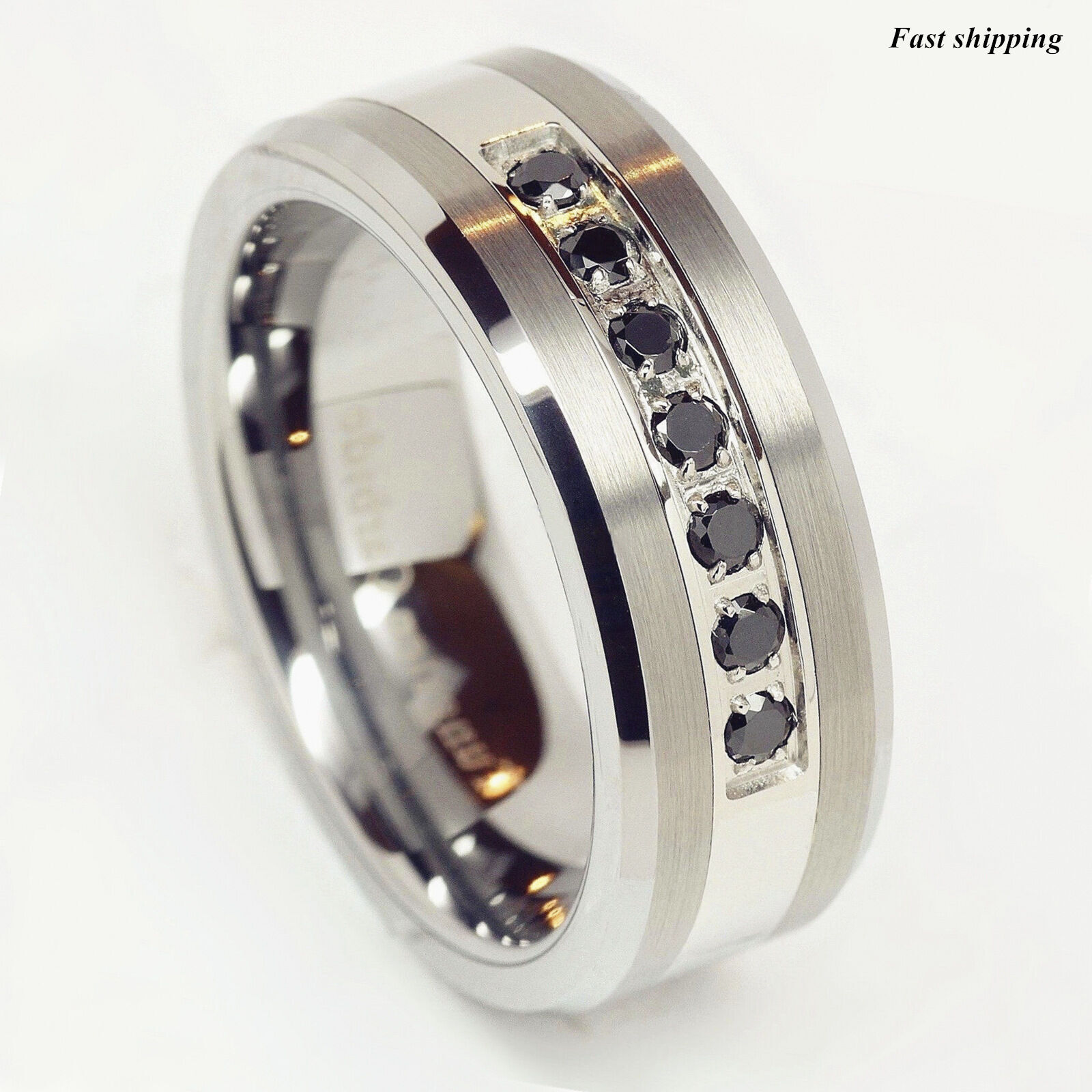 8mm Black/Silver Tungsten Carbide Ring Inlay Comfort Fit ATOP MEN Wedding Band