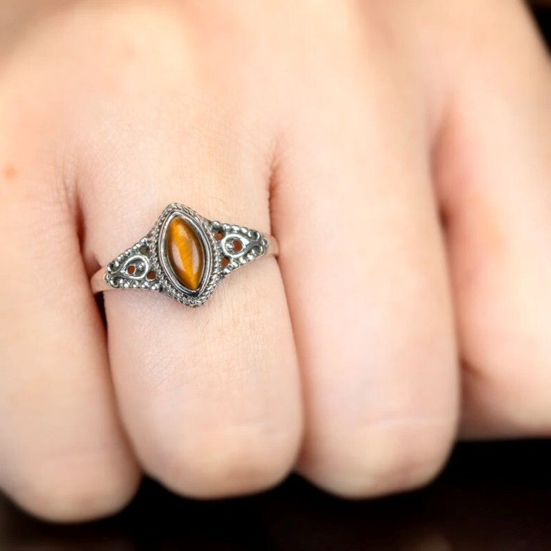 925 Sterling Silver Rings Natural Tiger’s Eye Gemstone Handmade Women Jewelry