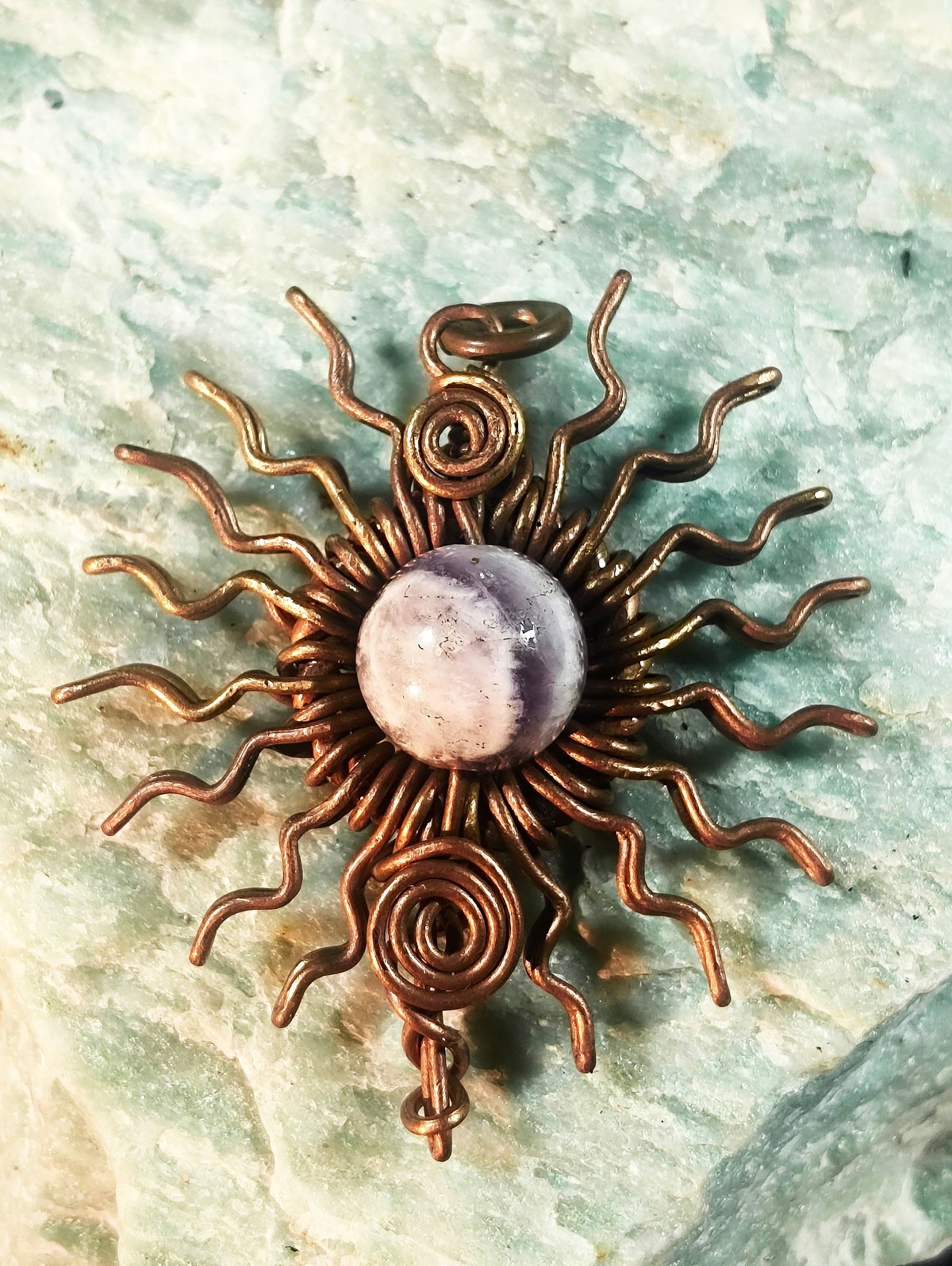 Sun Pendant Copper Amethyst Wire-Wrapped Jewelry Energy Health Lucky #PS0007
