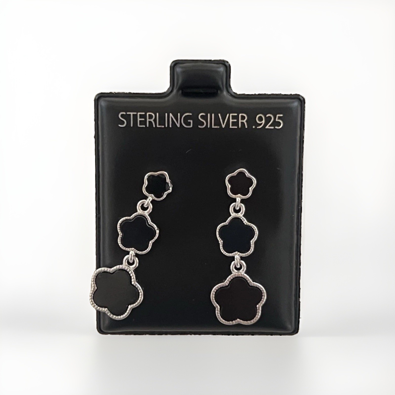 925 Sterling Silver Black Triple Flower Clover Drop Dangle Earrings
