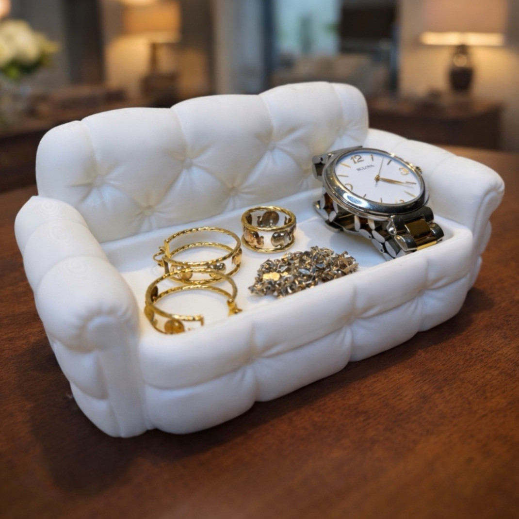 White Sofa-Shaped Lined 3D Printed Jewelry Valet Tray for Rings Watch Necklace
