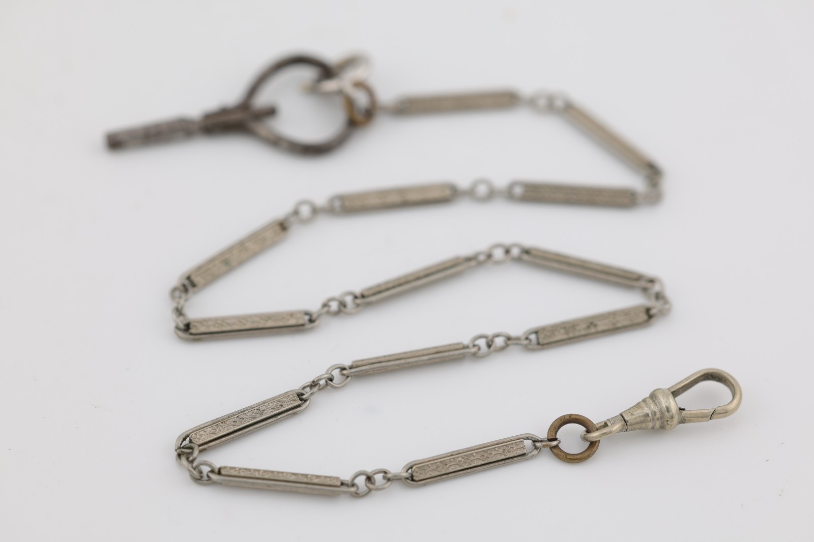 WHITE GOLD FILLED PANEL LINK POCKET WATCH CHAIN 34cm, 3mm WIDE (A17)