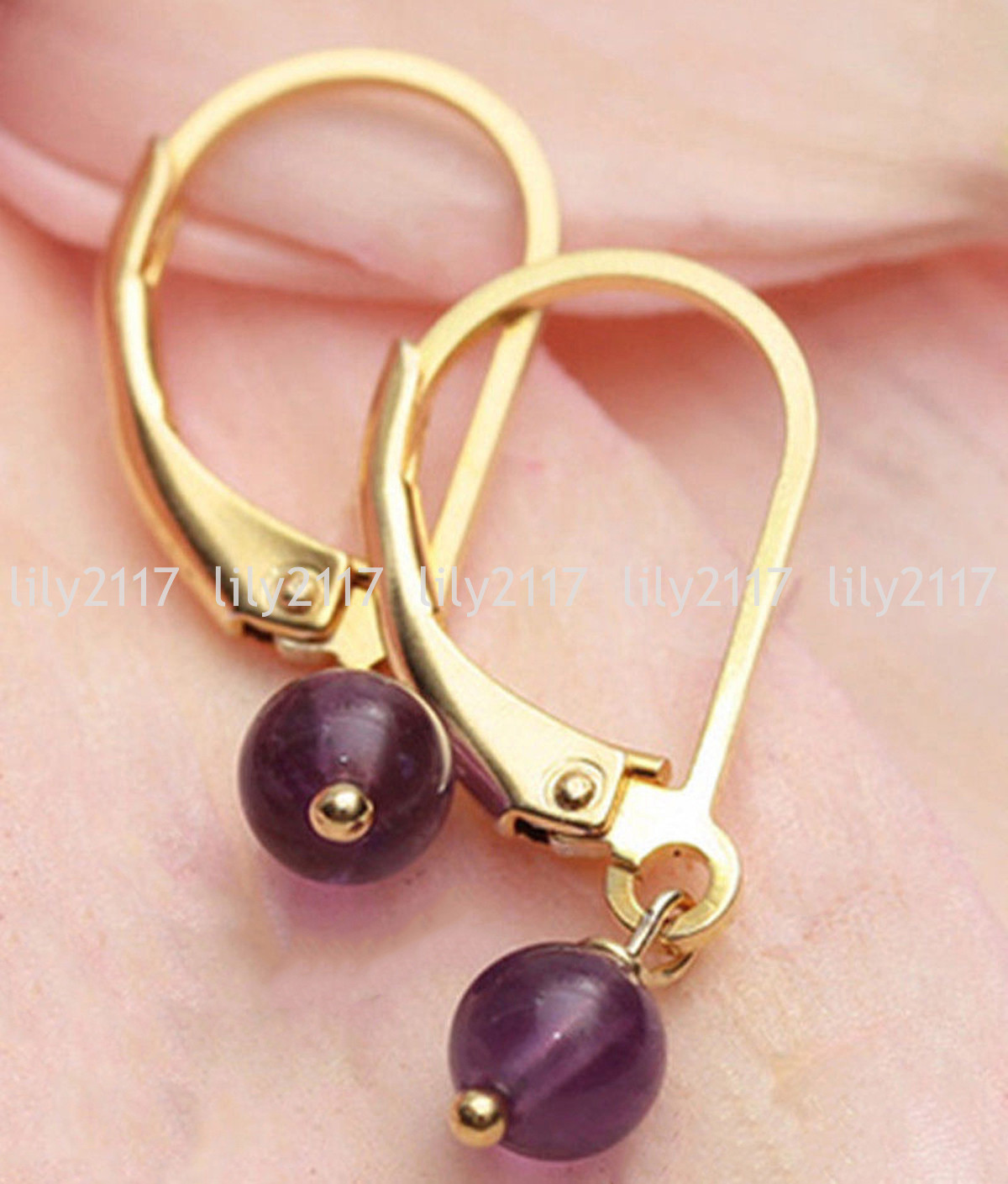 Natural 6/8/10/12mm Amethyst Round Gems Gold Plated Leverback Dangle Earrings AA