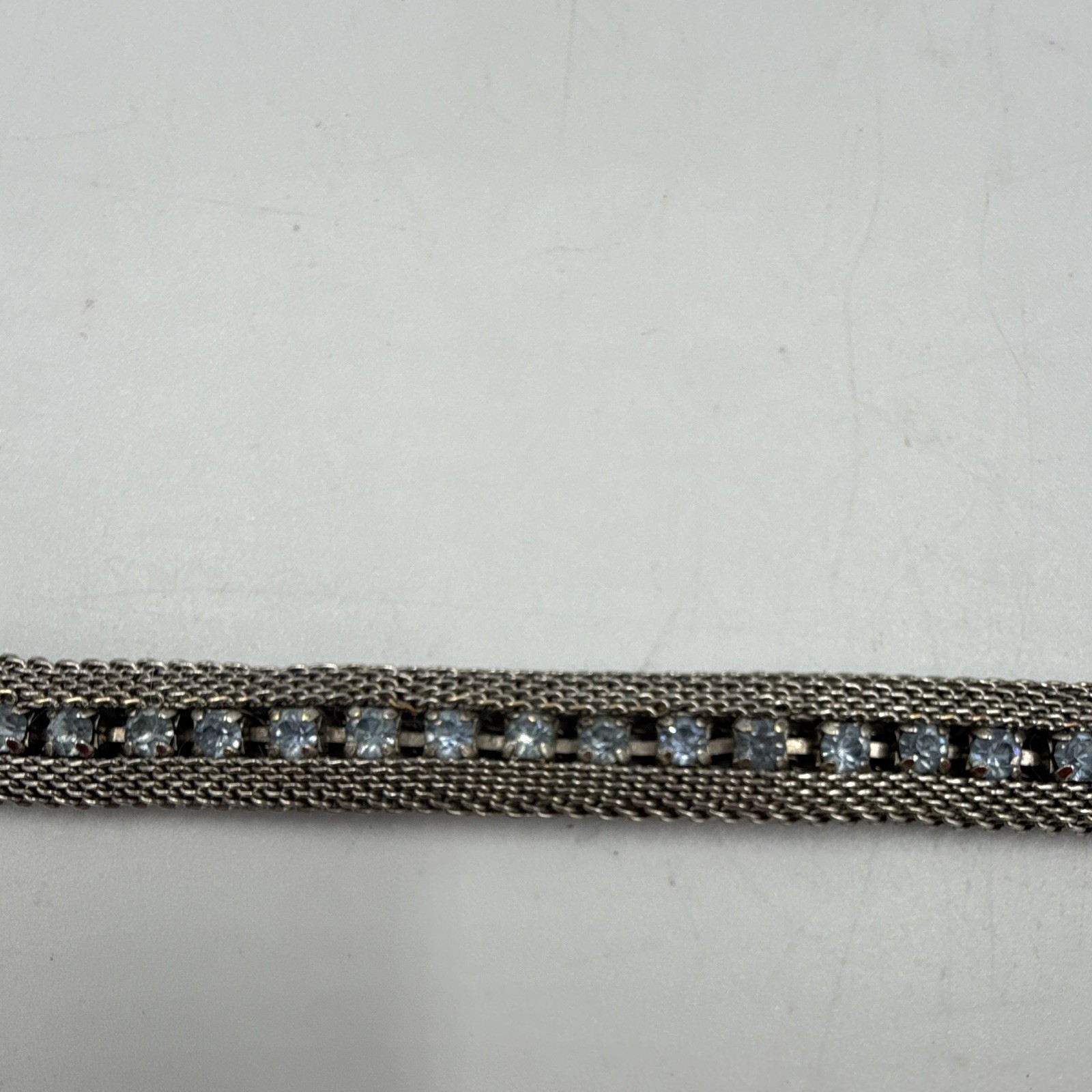Silver Tone Round Blue Crystal Mesh Tennis Chain Bracelet Box Clasp