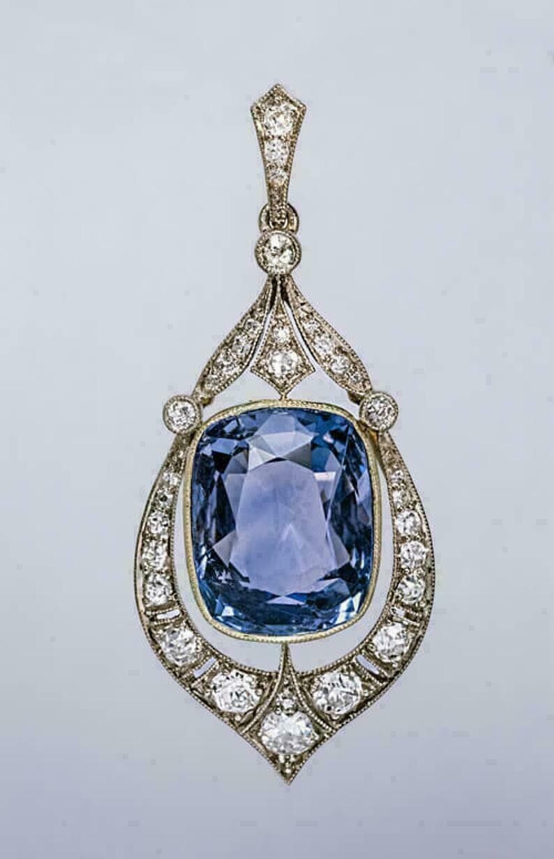 4Ct Cushion Cut Sapphire & Diamond Pendant 14K White Gold Over