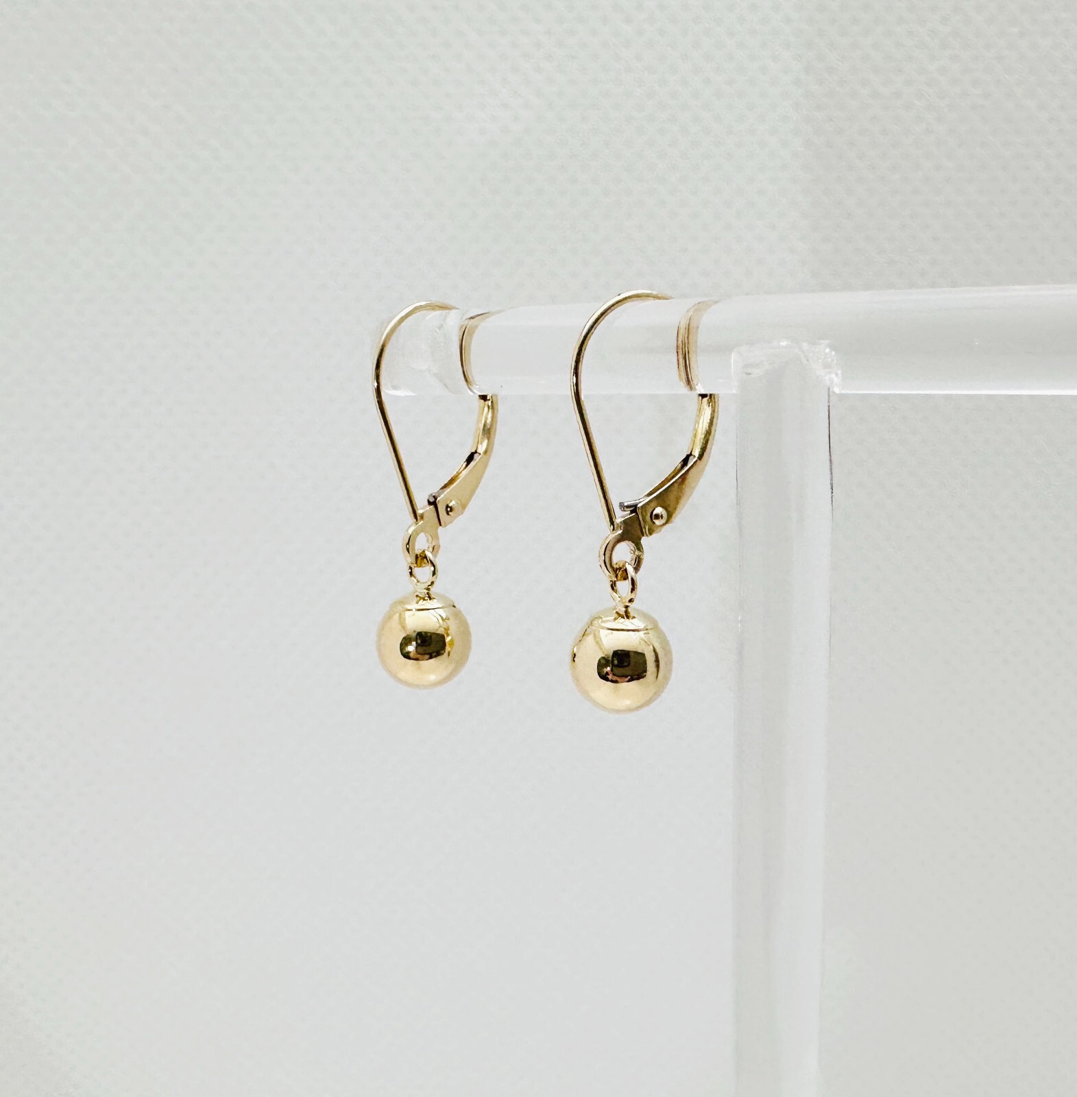 14K Solid Yellow Gold 6mm Ball Bead Drop/Dangle Leverback Earrings 23mm .90″