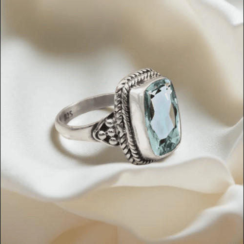 Aquamarine(Lab-Created) Gemstone Ring 925 Sterling Silver Handmade Ring All Size