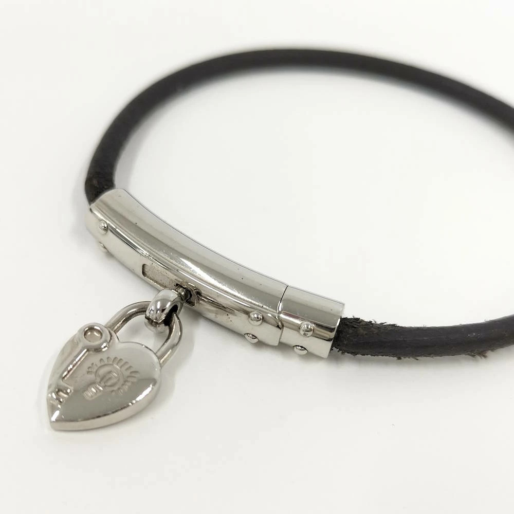 HERMES Viviride Bracelet Silver Leather Chain Heart Used 18cm