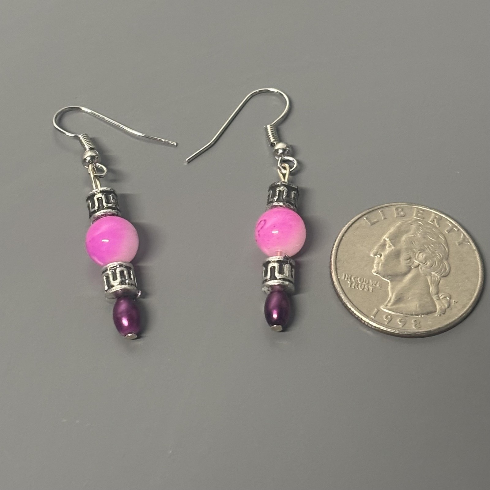 Beaded Dangle Drop Earrings Women Pink Purple Silver Tone Boho Fishhook Pierced