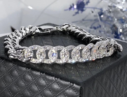 18K White Gold Filled Cuban Link Chain Bracelet made Simulated Diamond 7”
