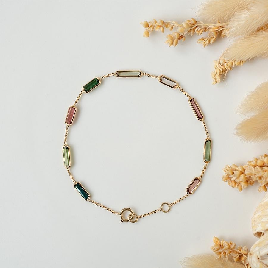 Natural Multicolor Tourmaline Bracelet 14K Yellow Gold