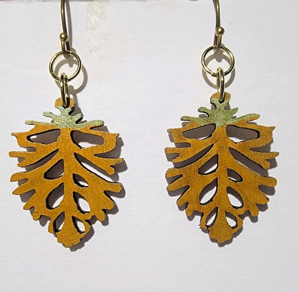 Gold Green Metal Leaf Nature Cutout Dangle/Drop Hook Earrings, No Stone