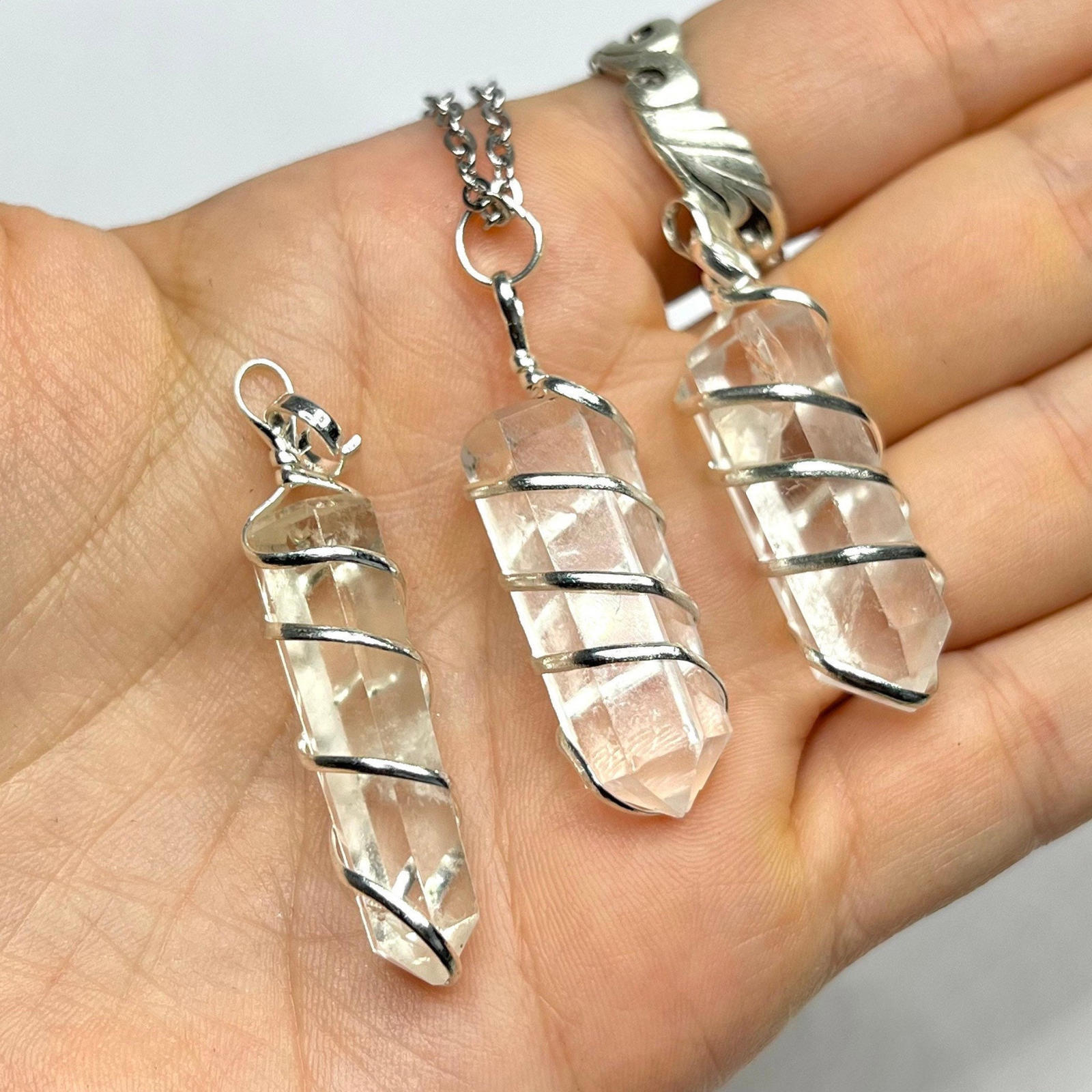 Clear Quartz Crystal Wire Wrapped Gemstone Pendant with Free Chain – CW