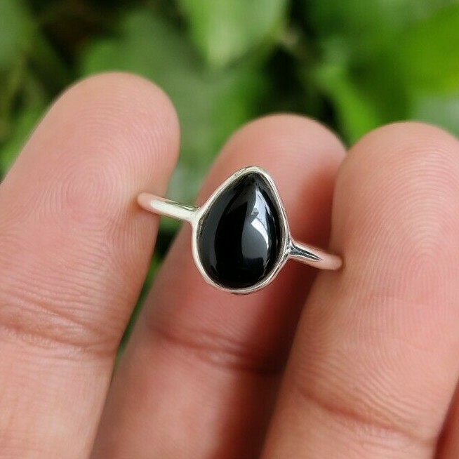 Handmade Black Onyx Ring 925 Silver Natural pear gemstone Stacking Women Rings