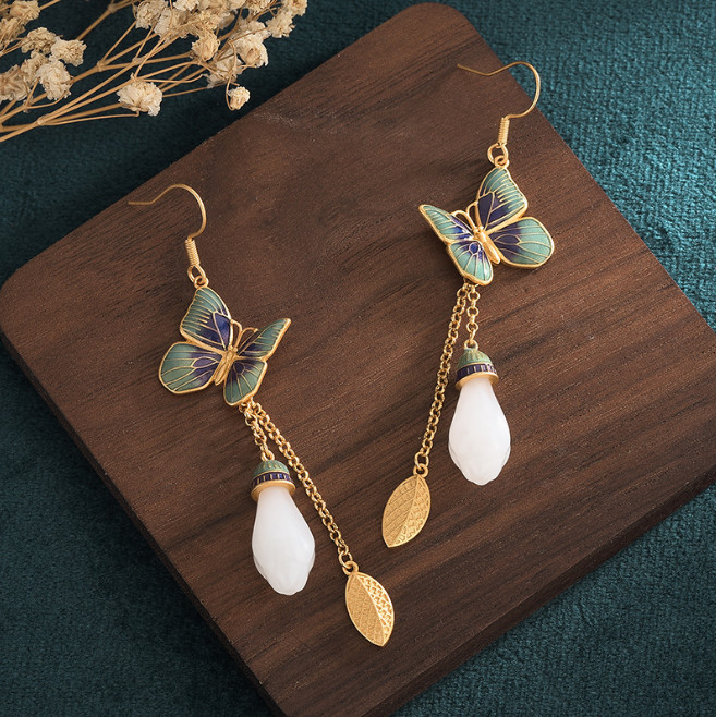 Jade Bohemian Drop Dangle Earrings Flower Butterfly Gemstone 18K Gold Plated