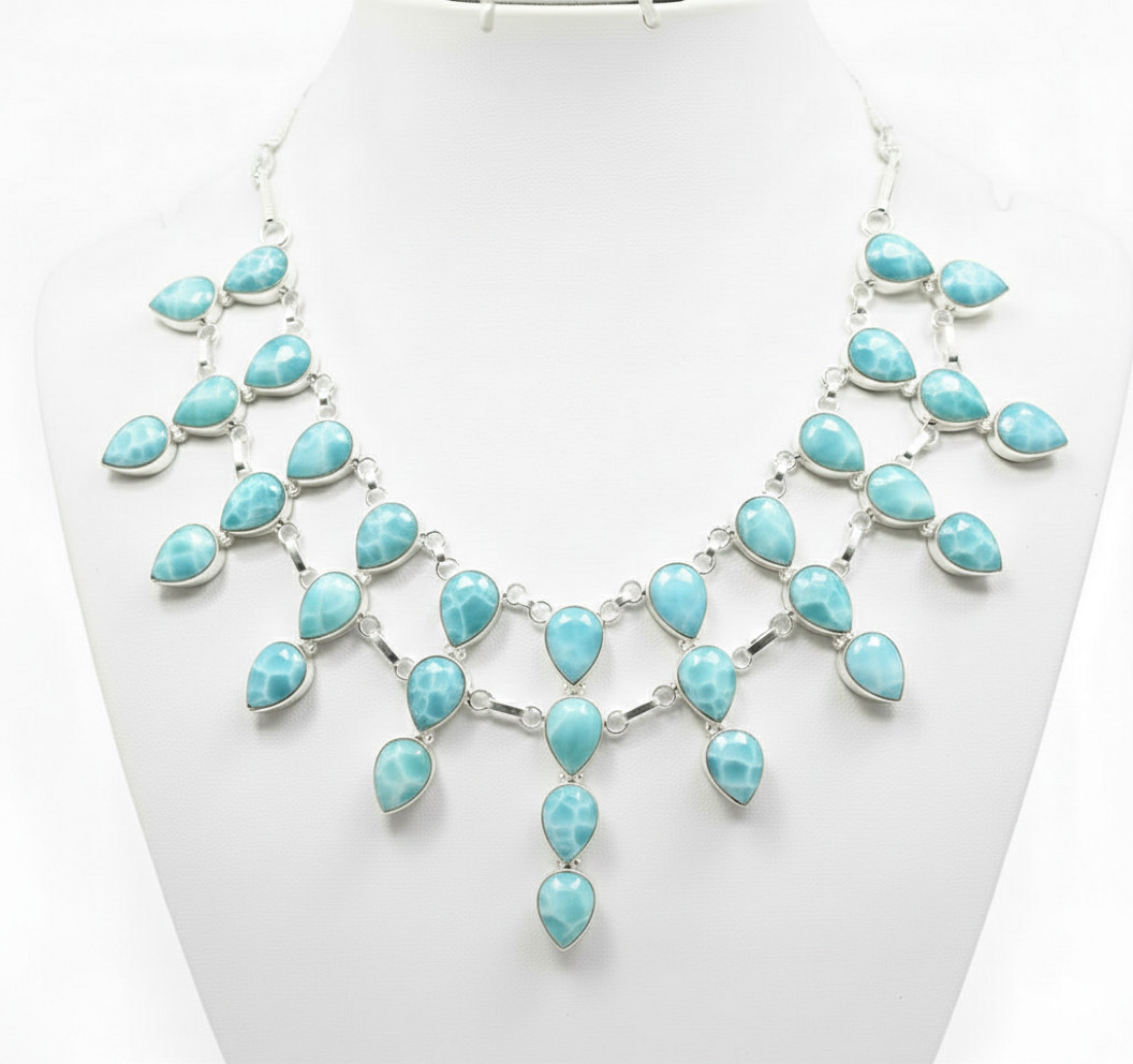 Natural larimar Gemstone Necklace 925 Sterling Silver Handmade Jewelry S-18
