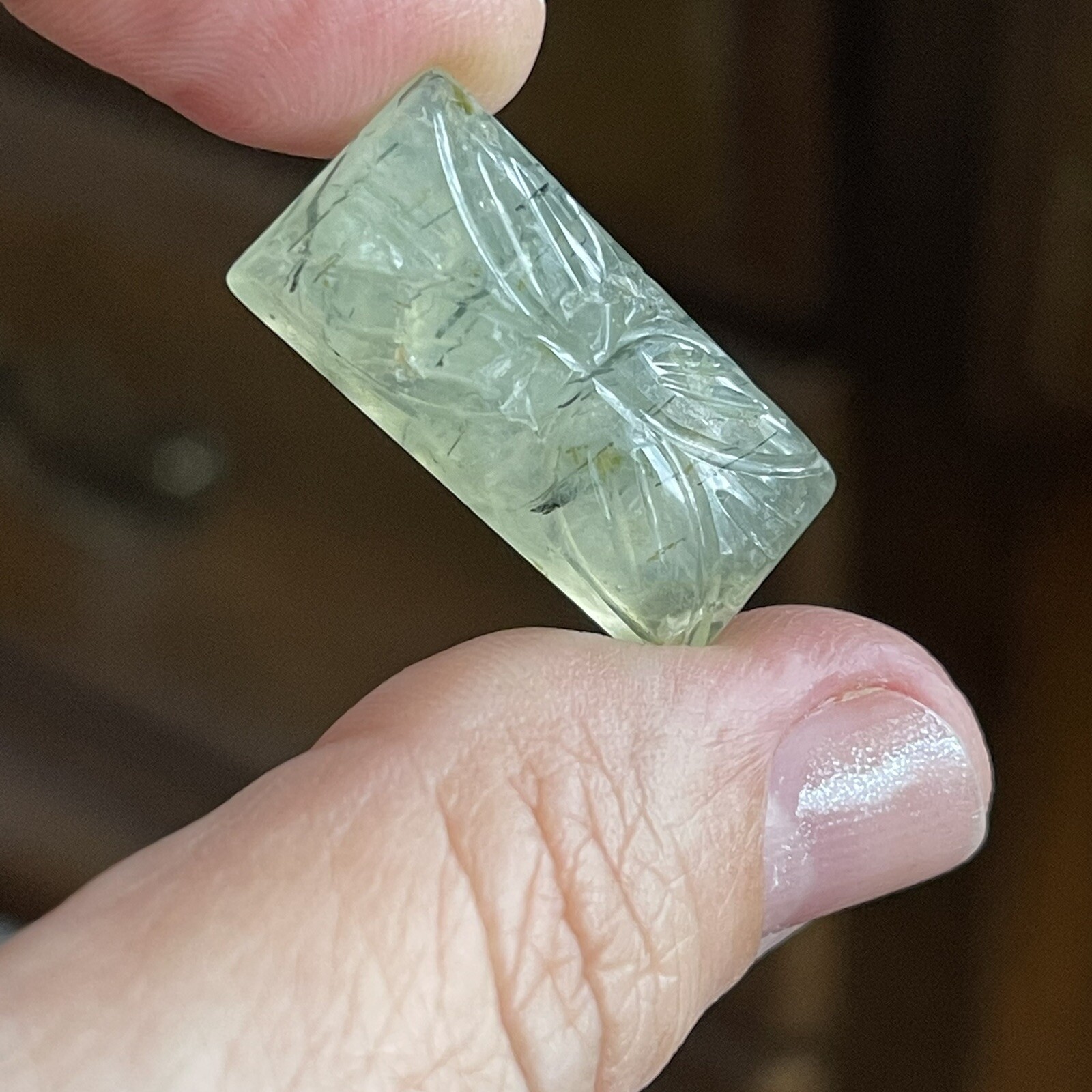 26.3×13.2×7.6mm Carved Rectangle Pale Green Prehnite Cabochon Loose Stone