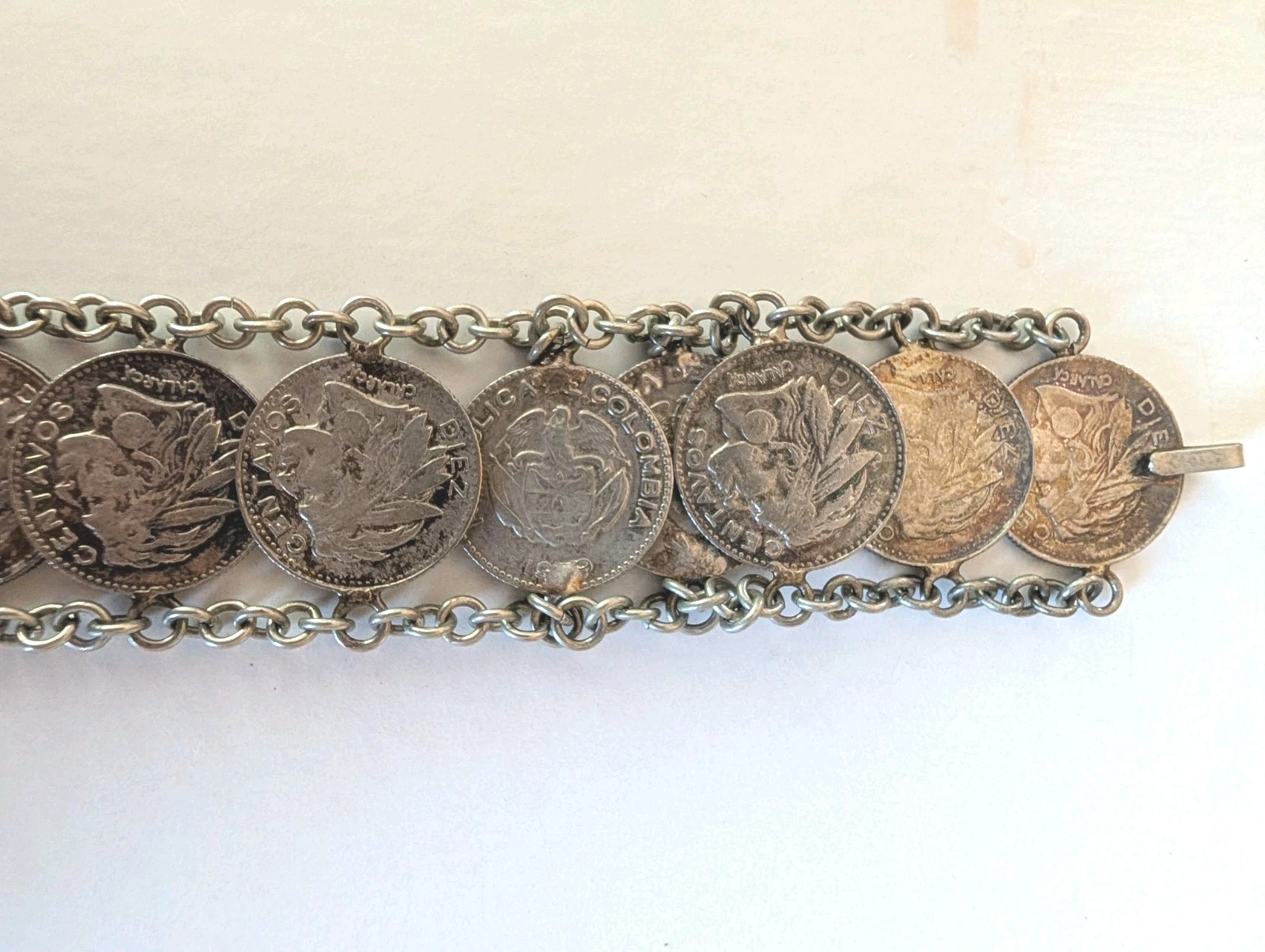 Coin Bracelet colombia centavos Diez Silver Color Vintage 7″ Chain 1950s Coins