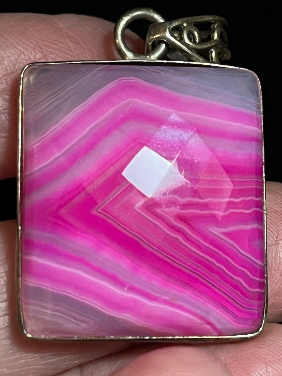 Dyed Pink Checkerboard Cut Botswana Agate and .925 Silver Pendant