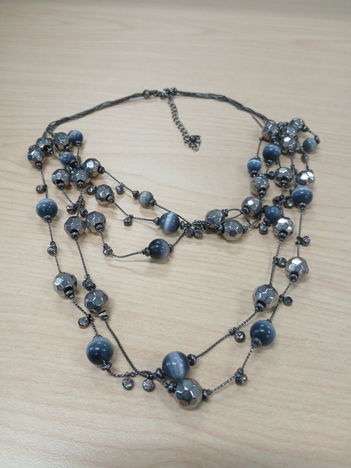 Layered Gray Glass Beaded Necklace Round Beads Silver Tone Lobster Clasp Adj