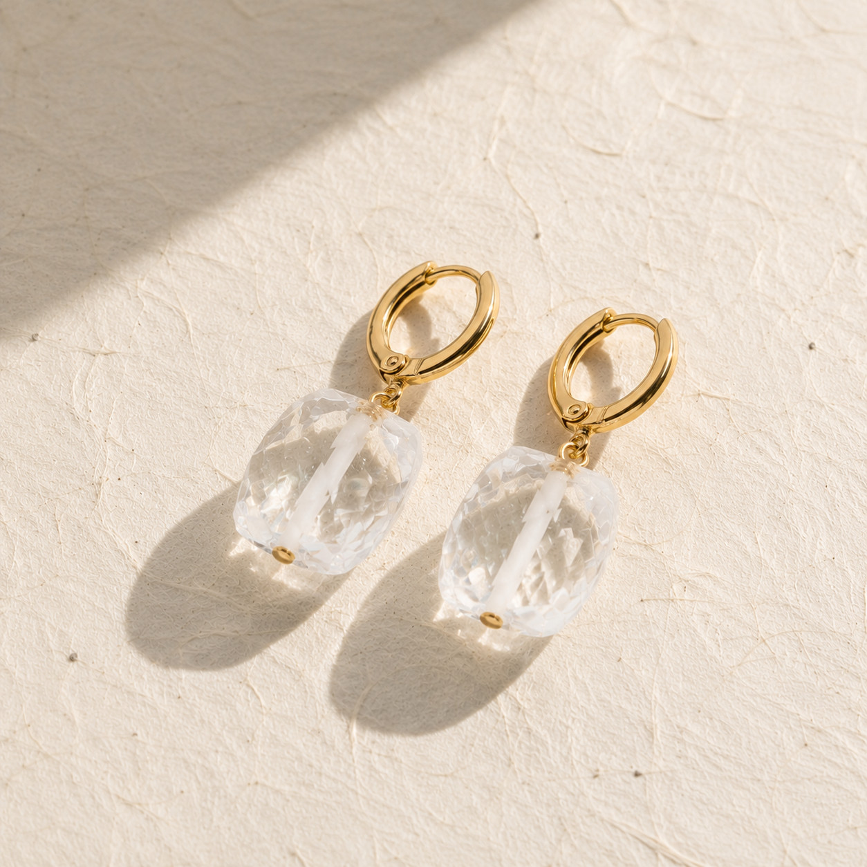Natural Clear Quartz Cube Drop Earrings | 18K Gold Plated | Clarity & Focus