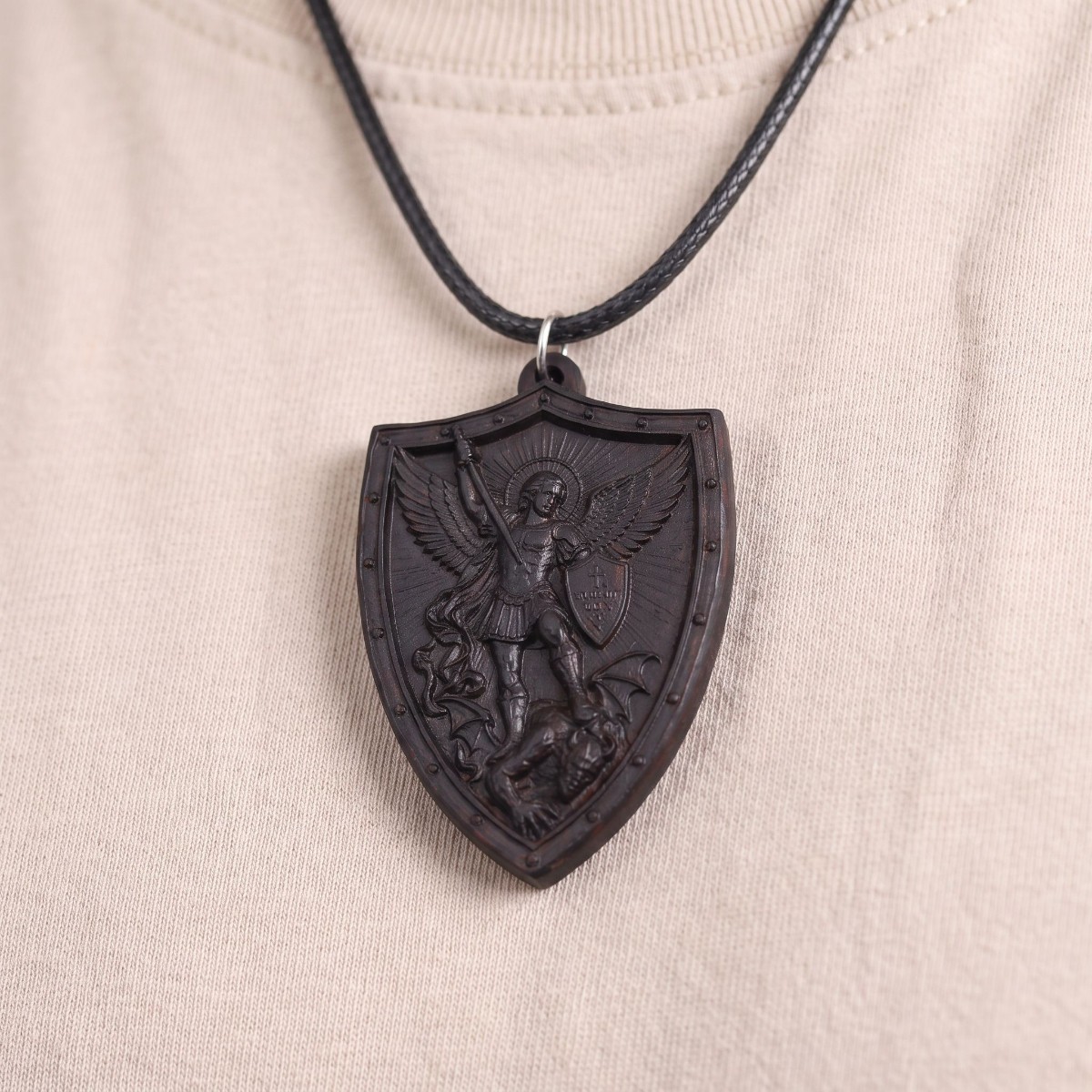St Michael Shield Necklace – Handcrafted Ebony Wood Archangel Michael Pendant