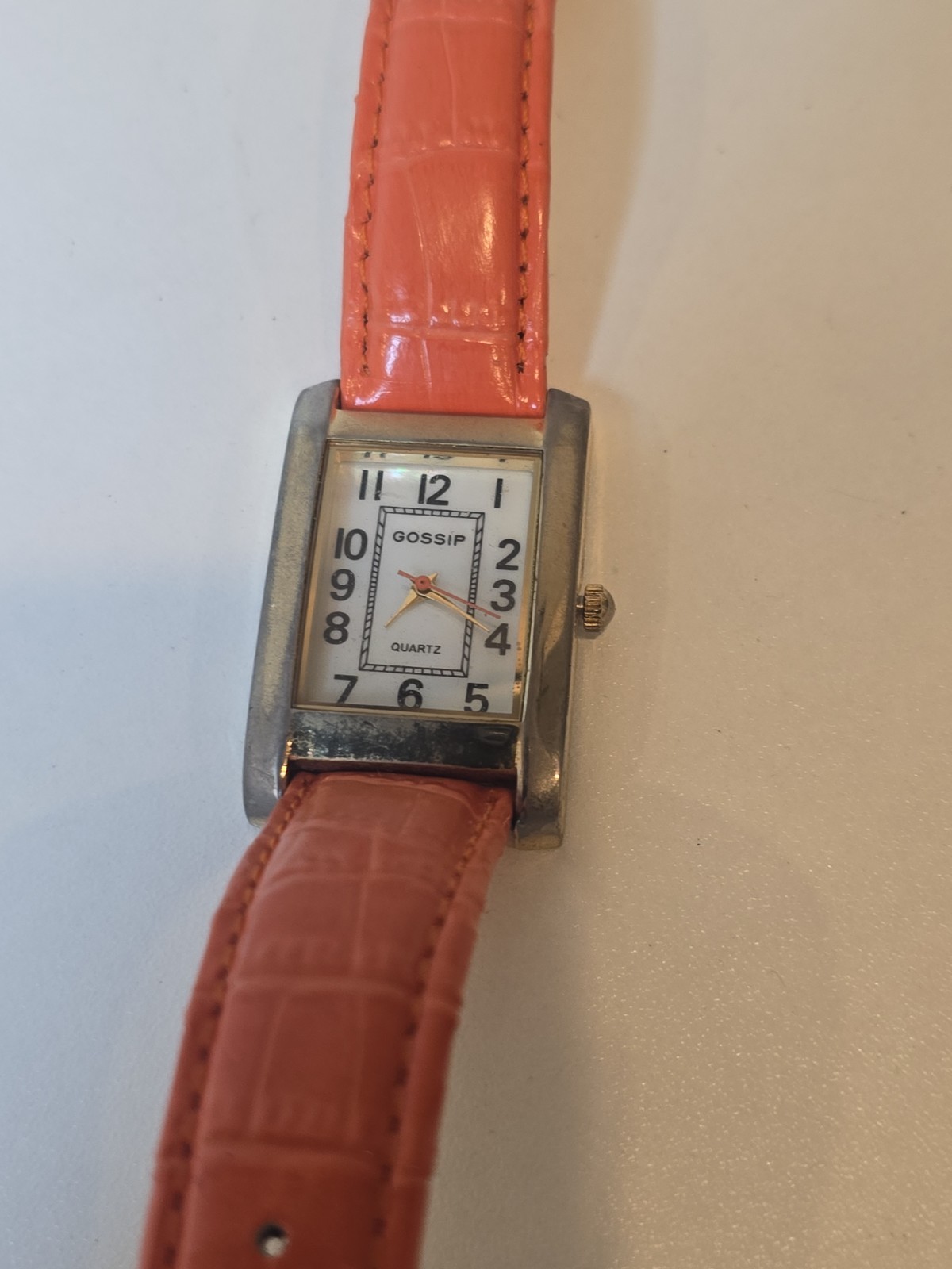 Vintage Gossip Womens Watch Orange Leather Square Face Silver Tone Needs Battery