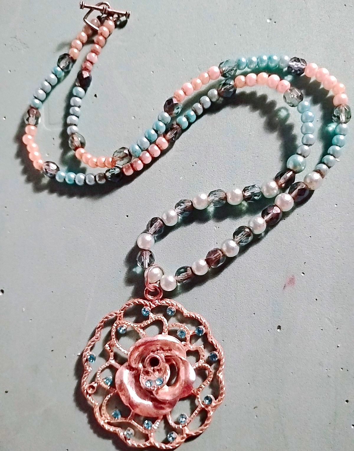 White & Blue Beaded Pearl Necklace Rose Flower Pendant Aqua Stone Silver