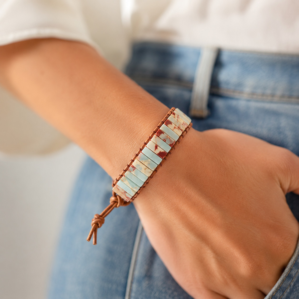 Natural Sea Sediment Jasper Bracelet Leather Wrap Boho Gemstone Flower Cuff