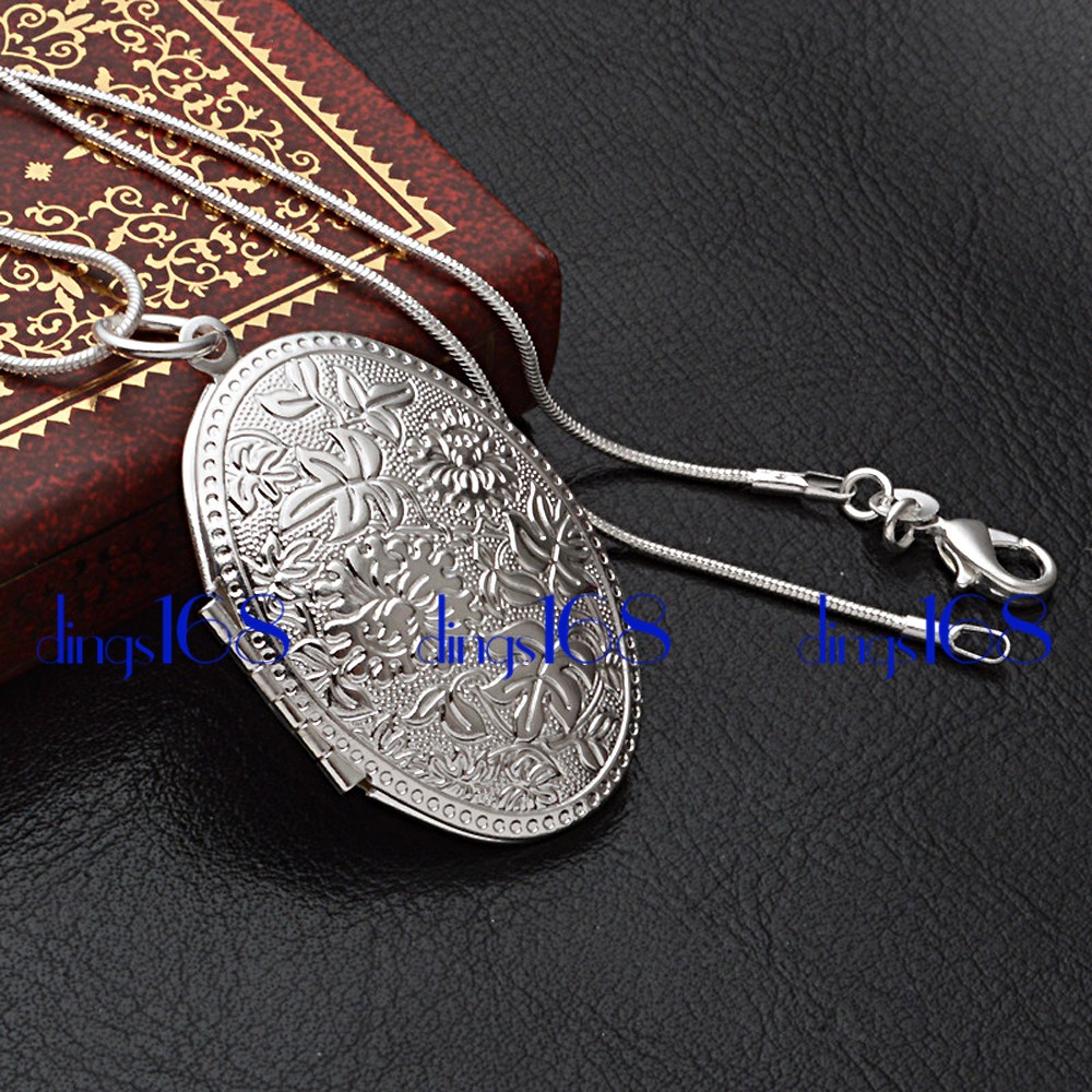 REAL 925 Sterling Silver Large Oval Shape Photo Locket Pendant+ 16″~38″ Necklace