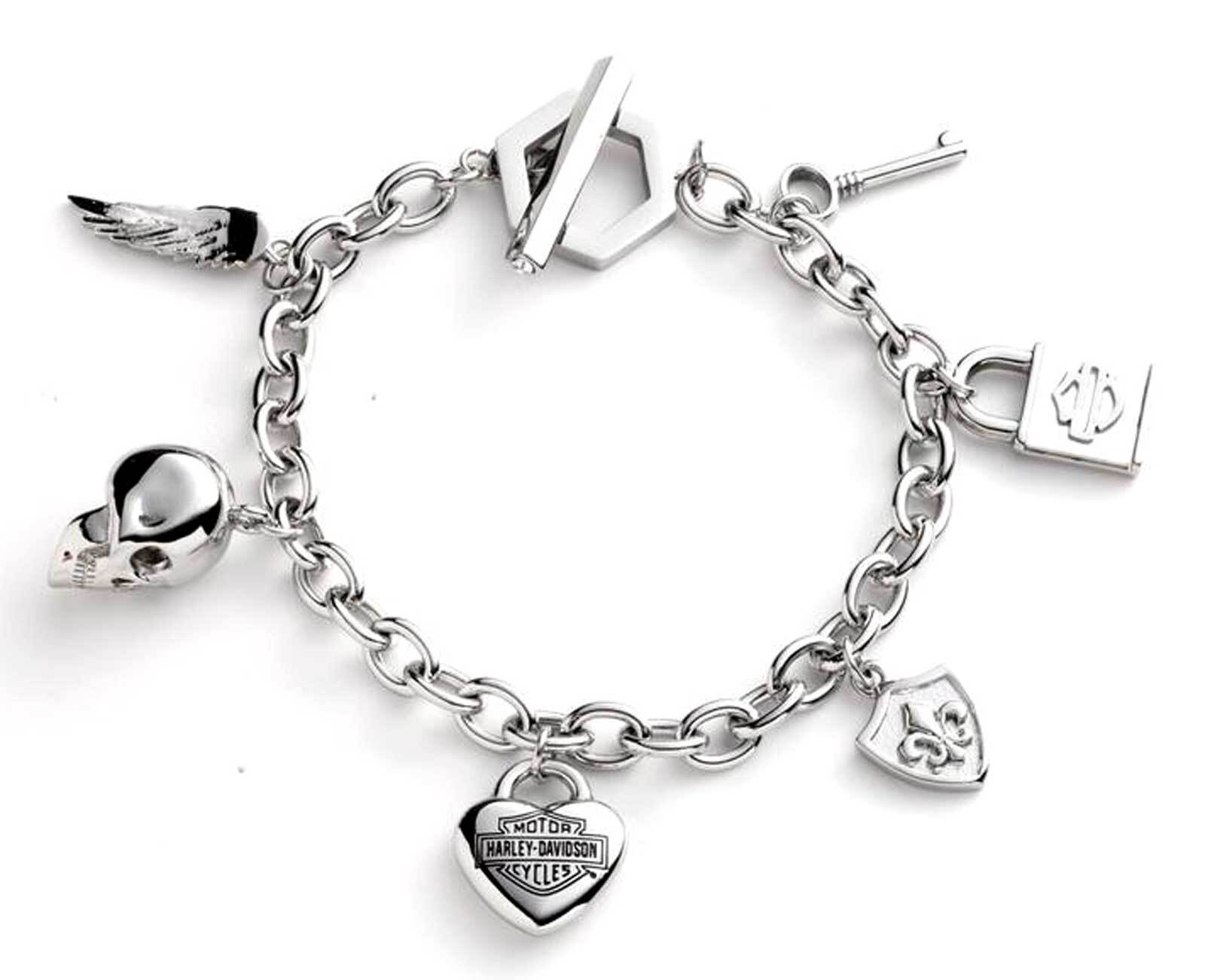 Harley-Davidson Women’s 7.5 in. Logo & Motif Charm Toggle Bracelet – Silver