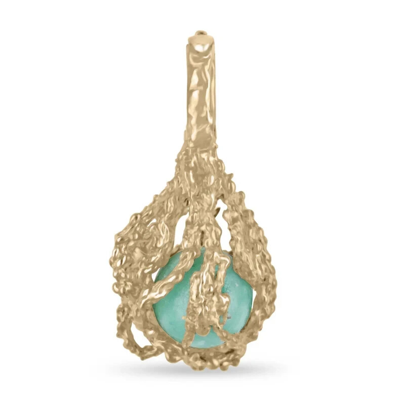 6.80 Carat Colombian Emerald Sphere Cabochon Nugget Cage Pendant Gold 14K