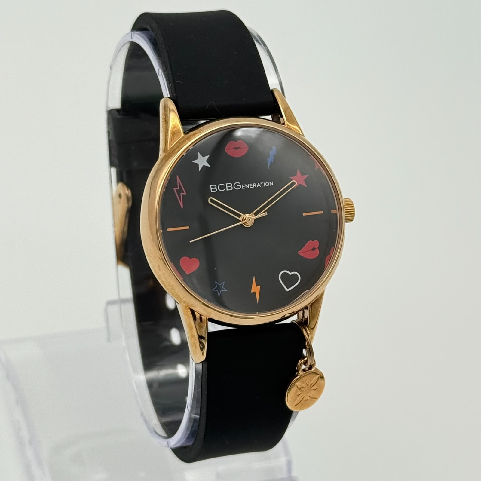 Ladies BCBGeneration Rose Gold Tone, Black Silicone Band Analog Watch, BCBG 33mm