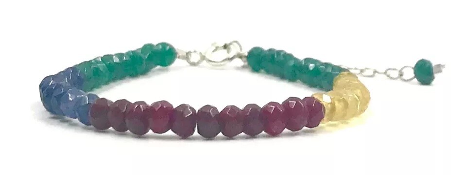 Genuine Multi Sapphire Ruby Emerald Natural Color 925 Silver Handmade Bracelet